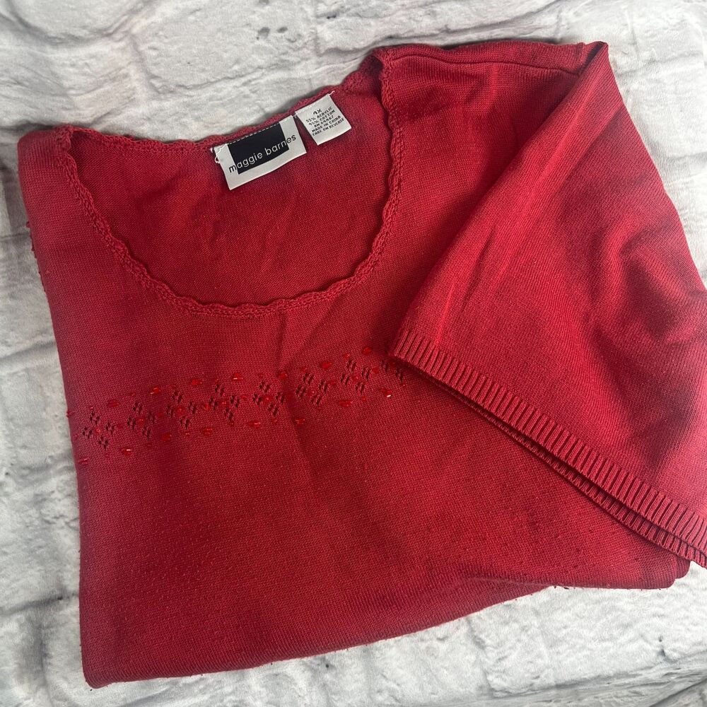 Maggie Barnes Knitted Women's 4XL Short Sleeve Blouse Casual Beaded Sequin Red